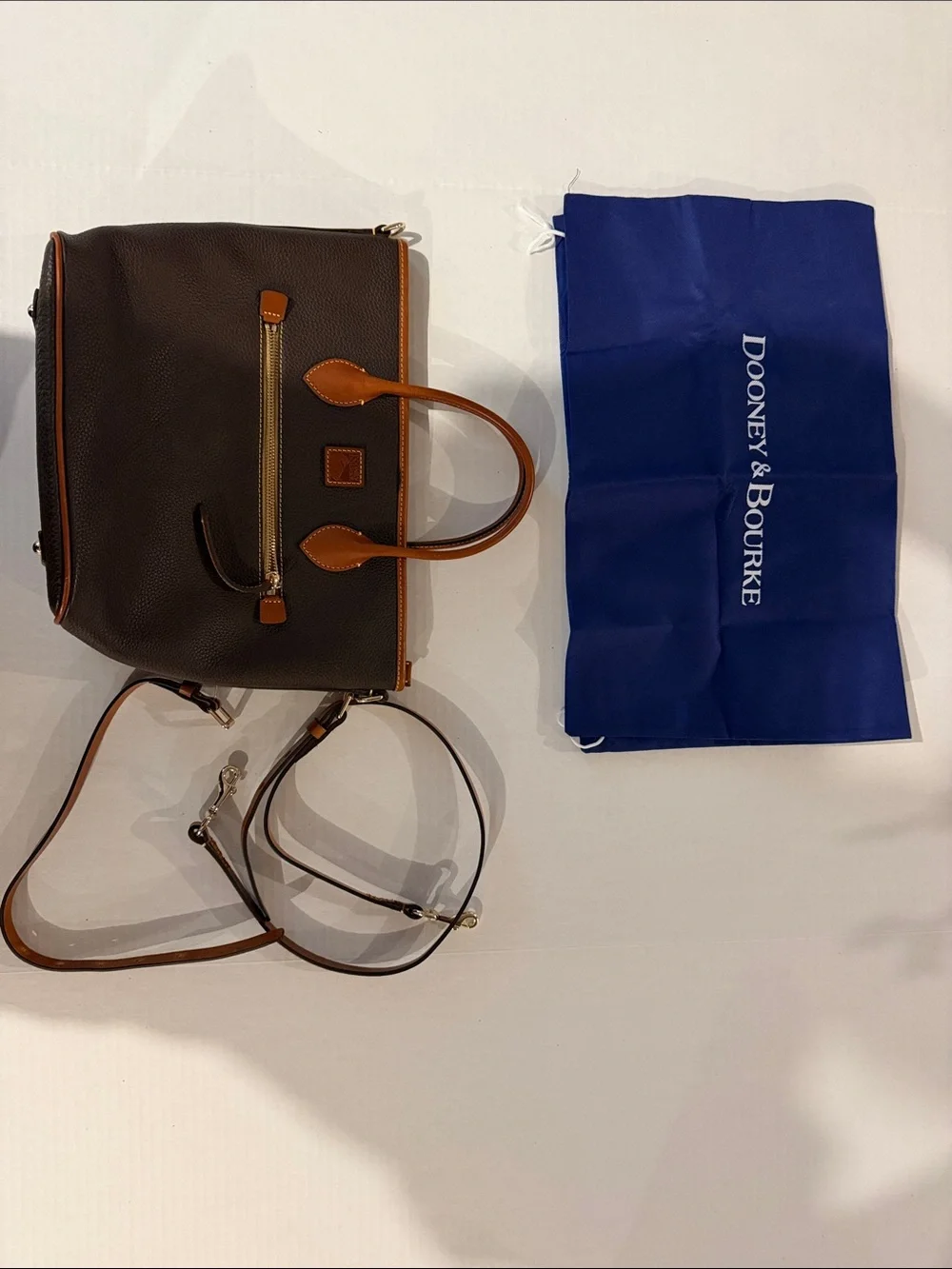 Dooney & Bourke Inspired Brown Leather Satchel with Tan Trim